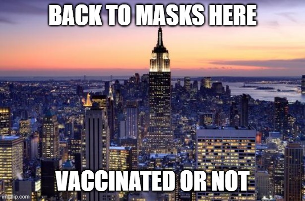 Defeats the point of a vaccine because if the vaccinated even need a mask then what is the point? | BACK TO MASKS HERE; VACCINATED OR NOT | image tagged in new york city,vaccine,covid | made w/ Imgflip meme maker