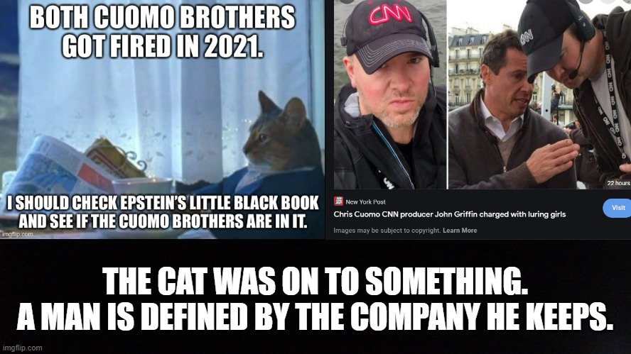 The cat knows how to spot birds of a feather | THE CAT WAS ON TO SOMETHING.
A MAN IS DEFINED BY THE COMPANY HE KEEPS. | image tagged in memes,chris cuomo,pervert,cnn,pedophile,i should buy a boat cat | made w/ Imgflip meme maker