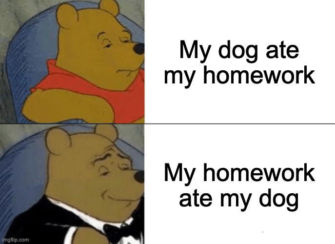 mmhmm |  My dog ate my homework; My homework ate my dog | image tagged in memes,tuxedo winnie the pooh | made w/ Imgflip meme maker