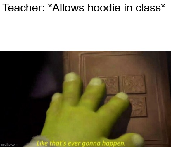 Teacher: *Allows hoodie in class* | image tagged in blank white template,like that's ever gonna happen | made w/ Imgflip meme maker