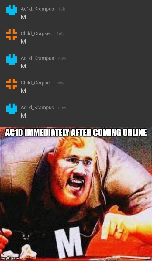 AC1D IMMEDIATELY AFTER COMING ONLINE | image tagged in markiplier m | made w/ Imgflip meme maker