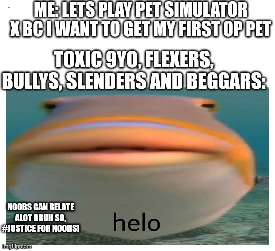 helo fish | ME: LETS PLAY PET SIMULATOR X BC I WANT TO GET MY FIRST OP PET; TOXIC 9YO, FLEXERS, BULLYS, SLENDERS AND BEGGARS:; NOOBS CAN RELATE ALOT BRUH SO, #JUSTICE FOR NOOBS! | image tagged in helo fish,roblox noob,stop toxics,roblox,relatable,oh wow are you actually reading these tags | made w/ Imgflip meme maker