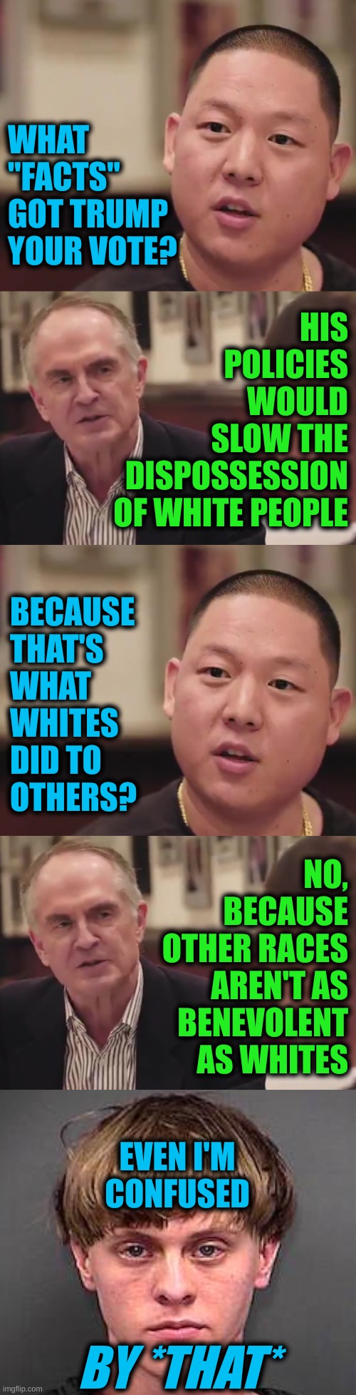 conservative logic | WHAT
"FACTS"
GOT TRUMP
YOUR VOTE? HIS
POLICIES
WOULD
SLOW THE
DISPOSSESSION
OF WHITE PEOPLE; BECAUSE
THAT'S
WHAT
WHITES
DID TO
OTHERS? NO,
BECAUSE
OTHER RACES
AREN'T AS
BENEVOLENT
AS WHITES; EVEN I'M
CONFUSED; BY *THAT* | image tagged in so what you're telling me is,dylan roof monkey puppet,memes,dinner with a white nationalist,viceland,conservative logic | made w/ Imgflip meme maker