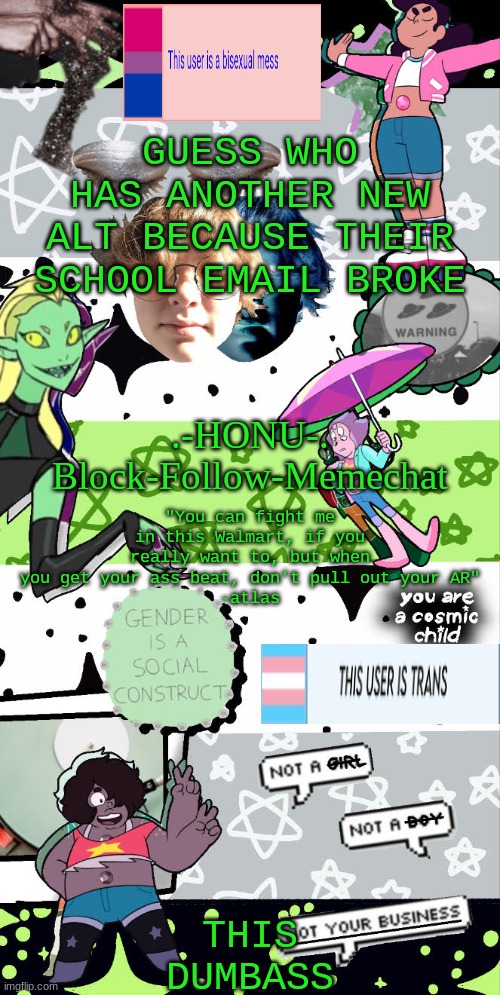 honu's agender temp | GUESS WHO HAS ANOTHER NEW ALT BECAUSE THEIR SCHOOL EMAIL BROKE; THIS DUMBASS | image tagged in honu's agender temp | made w/ Imgflip meme maker