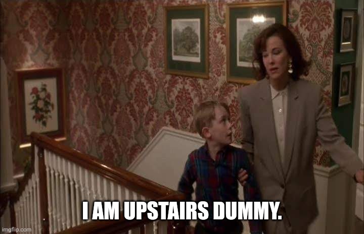 Home Alone | I AM UPSTAIRS DUMMY. | image tagged in home alone,kevin,mom,christmas | made w/ Imgflip meme maker