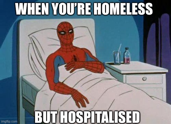 Homeless Spidey | WHEN YOU’RE HOMELESS BUT HOSPITALISED | image tagged in memes,spiderman hospital,spiderman | made w/ Imgflip meme maker