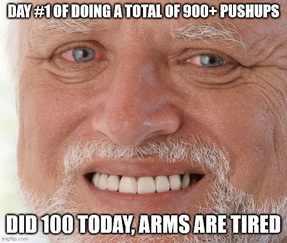 Just oof me already so i don't have to continue on monday. | DAY #1 OF DOING A TOTAL OF 900+ PUSHUPS; DID 100 TODAY, ARMS ARE TIRED | image tagged in hide the pain harold | made w/ Imgflip meme maker