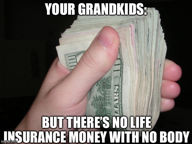 Lots of Money, fist full of money, dollars | YOUR GRANDKIDS: BUT THERE’S NO LIFE INSURANCE MONEY WITH NO BODY | image tagged in lots of money fist full of money dollars | made w/ Imgflip meme maker