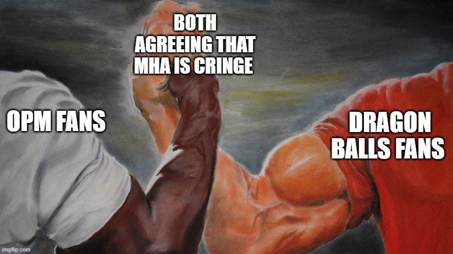 anime | BOTH AGREEING THAT MHA IS CRINGE; DRAGON BALLS FANS; OPM FANS | image tagged in anime meme | made w/ Imgflip meme maker