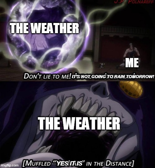 everyday when i see the weather | THE WEATHER; ME; IT'S NOT GOING TO RAIN TOMORROW! THE WEATHER; YES IT IS | image tagged in jojo's bizarre adventure,stardust crusaders,weather | made w/ Imgflip meme maker