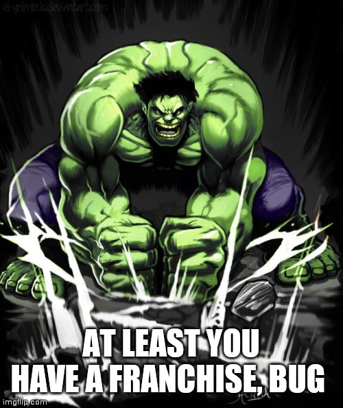 Hulk Smash | AT LEAST YOU HAVE A FRANCHISE, BUG | image tagged in hulk smash | made w/ Imgflip meme maker