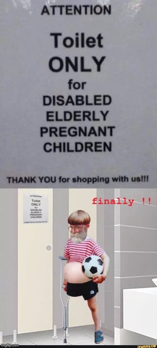 Disabled Elderly Pregnant Children | image tagged in disabled elderly pregnant children,toilet,design fails,sign fail,finally | made w/ Imgflip meme maker