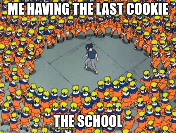 Naruto clone jutsu | ME HAVING THE LAST COOKIE; THE SCHOOL | image tagged in naruto clone jutsu | made w/ Imgflip meme maker