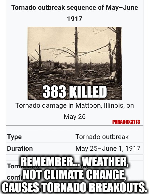 Beware of the Fear Mongers in Media. | 383 KILLED; PARADOX3713; REMEMBER... WEATHER, NOT CLIMATE CHANGE, CAUSES TORNADO BREAKOUTS. | image tagged in memes,politics,climate change,weather,oppression,mainstream media | made w/ Imgflip meme maker