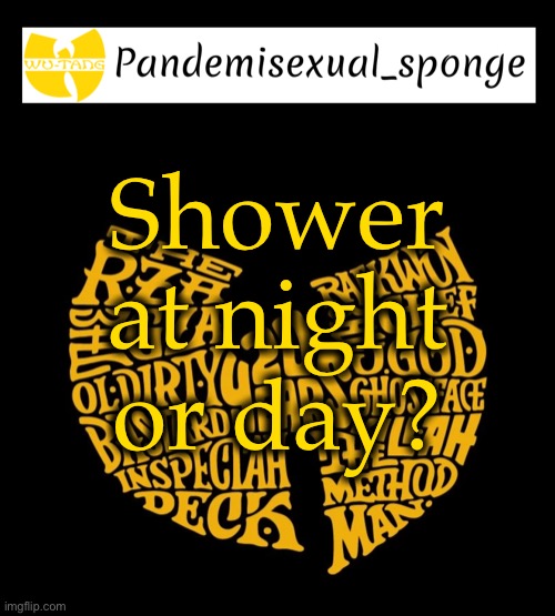 Night | Shower at night or day? | image tagged in wu tang announcement template,demisexual_sponge | made w/ Imgflip meme maker
