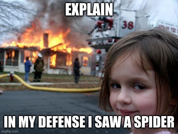 Disaster Girl Meme | EXPLAIN; IN MY DEFENSE I SAW A SPIDER | image tagged in memes,disaster girl | made w/ Imgflip meme maker