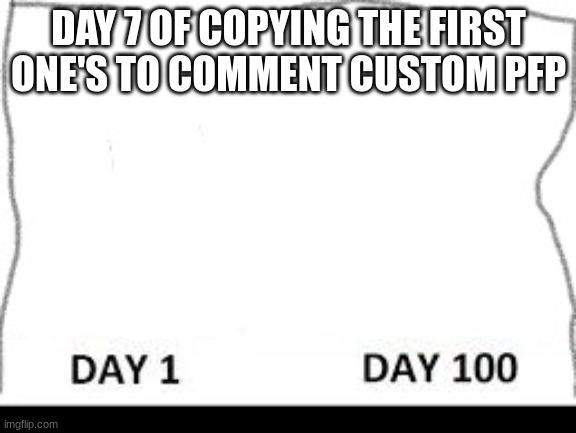 Day 1-100 | DAY 7 OF COPYING THE FIRST ONE'S TO COMMENT CUSTOM PFP | image tagged in day 1-100 | made w/ Imgflip meme maker