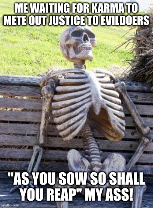 Come on fate, hurry the fuck up | ME WAITING FOR KARMA TO METE OUT JUSTICE TO EVILDOERS; "AS YOU SOW SO SHALL
YOU REAP" MY ASS! | image tagged in memes,waiting skeleton | made w/ Imgflip meme maker