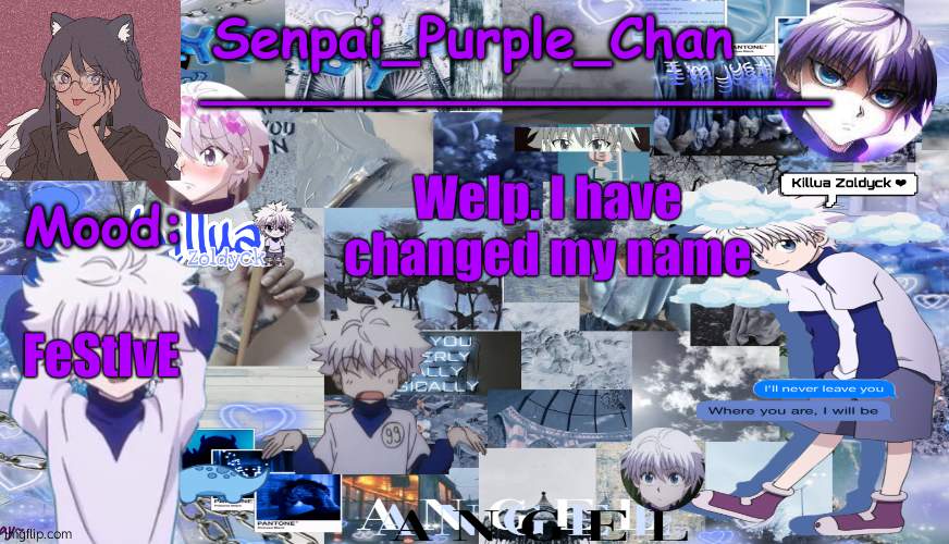 Killua temp (my collage) | FeStIvE; Welp. I have changed my name | image tagged in killua temp my collage | made w/ Imgflip meme maker
