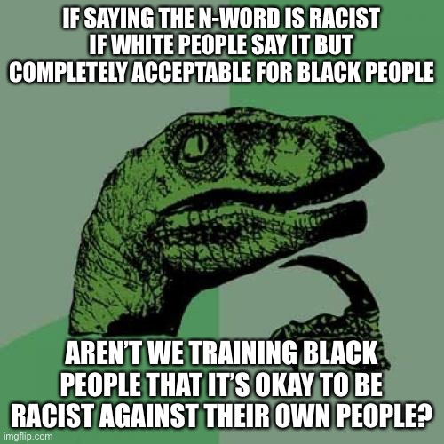 LOL | IF SAYING THE N-WORD IS RACIST IF WHITE PEOPLE SAY IT BUT COMPLETELY ACCEPTABLE FOR BLACK PEOPLE; AREN’T WE TRAINING BLACK PEOPLE THAT IT’S OKAY TO BE RACIST AGAINST THEIR OWN PEOPLE? | image tagged in memes,philosoraptor | made w/ Imgflip meme maker