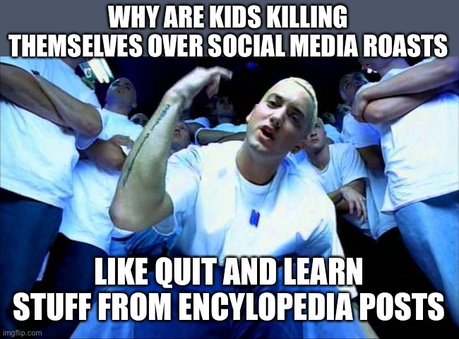 i just thought of this bc of another post on here | WHY ARE KIDS KILLING THEMSELVES OVER SOCIAL MEDIA ROASTS; LIKE QUIT AND LEARN STUFF FROM ENCYLOPEDIA POSTS | image tagged in eminem1 | made w/ Imgflip meme maker