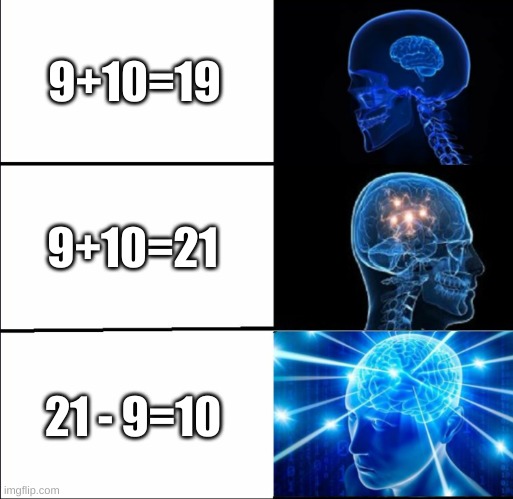 Galaxy Brain (3 brains) | 9+10=19; 9+10=21; 21 - 9=10 | image tagged in galaxy brain 3 brains | made w/ Imgflip meme maker