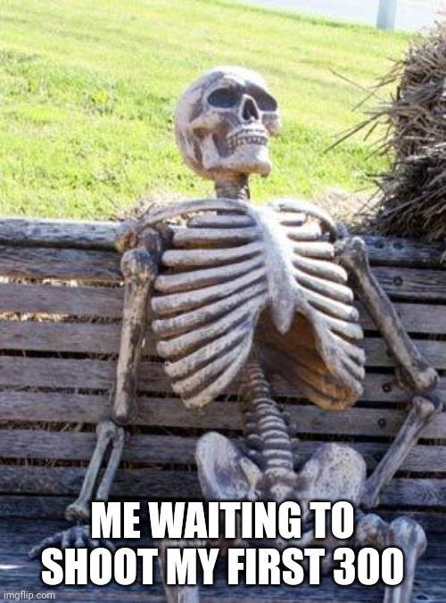 Waiting Skeleton | ME WAITING TO SHOOT MY FIRST 300 | image tagged in memes,waiting skeleton | made w/ Imgflip meme maker