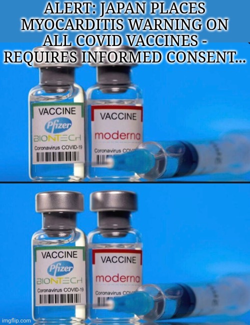 Alert... | ALERT: JAPAN PLACES MYOCARDITIS WARNING ON ALL COVID VACCINES - REQUIRES INFORMED CONSENT... | image tagged in japan,warning,covid vaccine,side effects,deadly | made w/ Imgflip meme maker