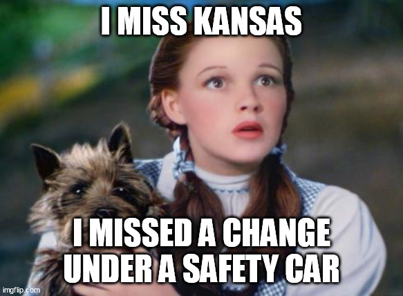 Toto Wizard of Oz | I MISS KANSAS; I MISSED A CHANGE UNDER A SAFETY CAR | image tagged in toto wizard of oz | made w/ Imgflip meme maker
