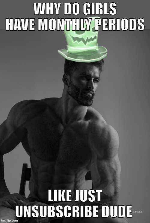Why yes, scary hat is my best friend | WHY DO GIRLS HAVE MONTHLY PERIODS; LIKE JUST UNSUBSCRIBE DUDE | image tagged in why yes scary hat is my best friend | made w/ Imgflip meme maker