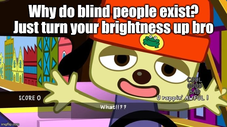 What!!?? | Why do blind people exist?
Just turn your brightness up bro | image tagged in what | made w/ Imgflip meme maker