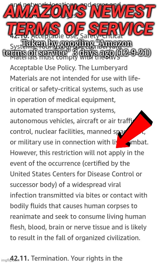 Zombie Terms of Service | AMAZON'S NEWEST TERMS OF SERVICE; Taken by googling "Amazon terms of service" 3 days ago (12-9-21) | image tagged in amazon terms of service 12-9-21,amazon,zombies,supersecretleader,justjeff,covid-19 | made w/ Imgflip meme maker