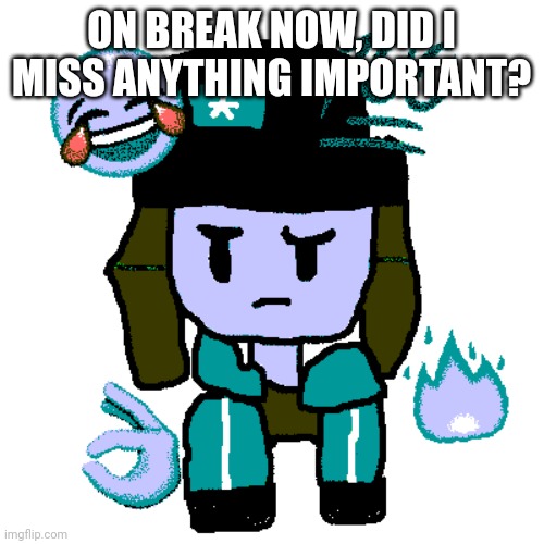 ON BREAK NOW, DID I MISS ANYTHING IMPORTANT? | image tagged in heroine bibi oc deepfried | made w/ Imgflip meme maker