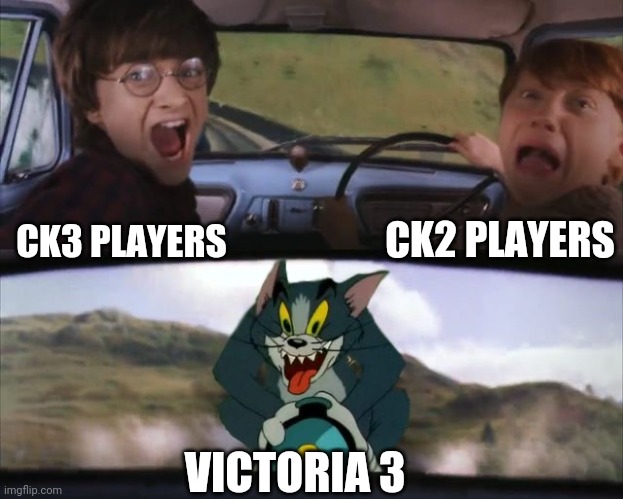 Victoria 3 | CK2 PLAYERS; CK3 PLAYERS; VICTORIA 3 | image tagged in tom chasing harry and ron weasly | made w/ Imgflip meme maker