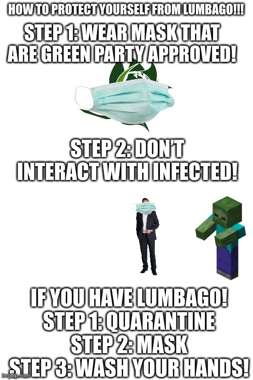 Blank White Template | STEP 1: WEAR MASK THAT ARE GREEN PARTY APPROVED! HOW TO PROTECT YOURSELF FROM LUMBAGO!!! STEP 2: DON’T INTERACT WITH INFECTED! IF YOU HAVE LUMBAGO!

STEP 1: QUARANTINE
STEP 2: MASK
STEP 3: WASH YOUR HANDS! | image tagged in blank white template | made w/ Imgflip meme maker