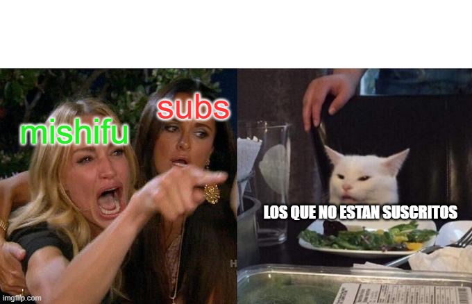 Michu enojado | subs; mishifu; LOS QUE NO ESTAN SUSCRITOS | image tagged in memes,woman yelling at cat | made w/ Imgflip meme maker