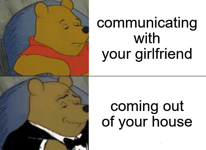 ffs ai is unfunny | communicating with your girlfriend; coming out of your house | image tagged in memes,tuxedo winnie the pooh | made w/ Imgflip meme maker