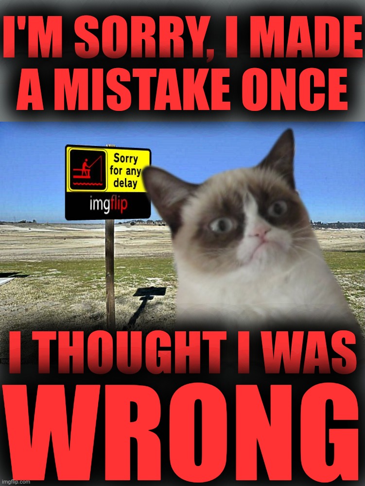 Grumpy Cat imgflip | I'M SORRY, I MADE
A MISTAKE ONCE I THOUGHT I WAS WRONG | image tagged in grumpy cat imgflip,dad joke | made w/ Imgflip meme maker