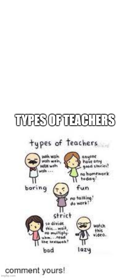 Types of teachers | TYPES OF TEACHERS | image tagged in memes,blank transparent square,teachers,stop reading the tags | made w/ Imgflip meme maker