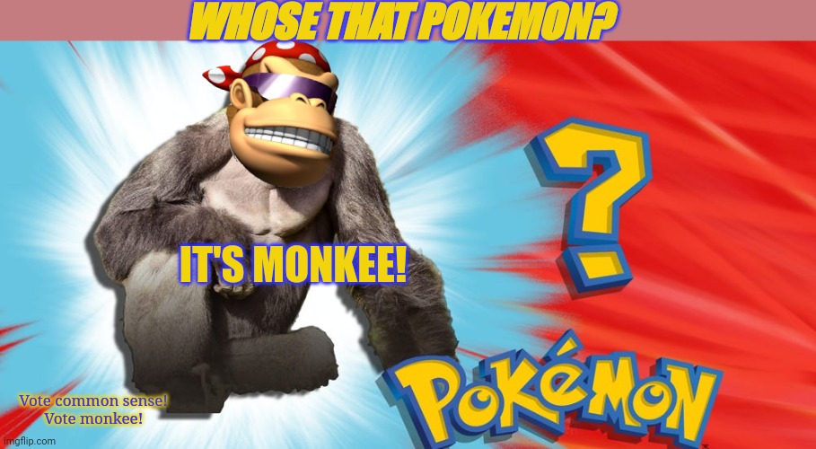 Vote Common Sense. Vote Monkee. | WHOSE THAT POKEMON? IT'S MONKEE! Vote common sense! 
Vote monkee! | image tagged in vote,common sense,surlykong,for,president | made w/ Imgflip meme maker