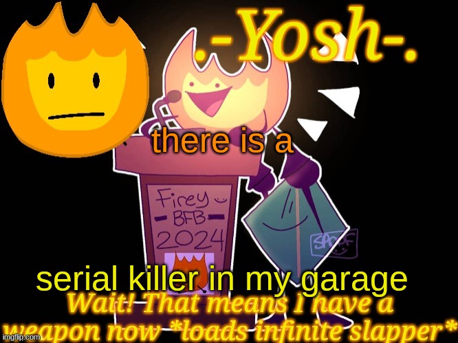.-Yosh-.'s Firey Temp | there is a; serial killer in my garage | image tagged in -yosh- 's firey temp | made w/ Imgflip meme maker