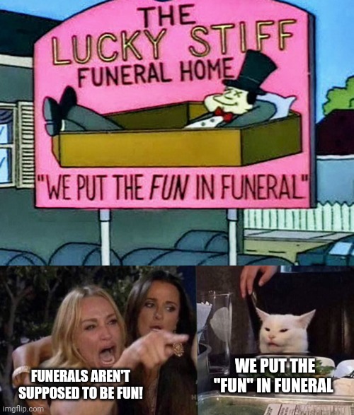 New Template | WE PUT THE "FUN" IN FUNERAL; FUNERALS AREN'T SUPPOSED TO BE FUN! | image tagged in we put the fun in funeral,woman yelling at cat | made w/ Imgflip meme maker