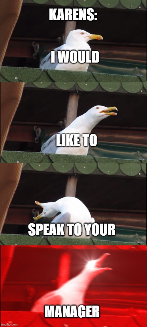 Inhaling Seagull Meme | KARENS:; I WOULD; LIKE TO; SPEAK TO YOUR; MANAGER | image tagged in memes,inhaling seagull,karens | made w/ Imgflip meme maker