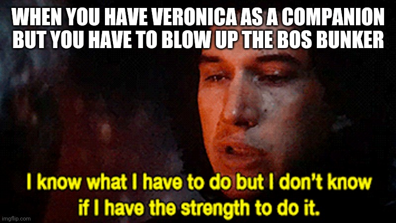 WHEN YOU HAVE VERONICA AS A COMPANION BUT YOU HAVE TO BLOW UP THE BOS BUNKER | image tagged in fallout new vegas,star wars | made w/ Imgflip meme maker