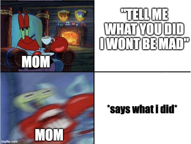 Mr Krabs calm then angry | "TELL ME WHAT YOU DID I WONT BE MAD"; MOM; *says what i did*; MOM | image tagged in mr krabs calm then angry | made w/ Imgflip meme maker