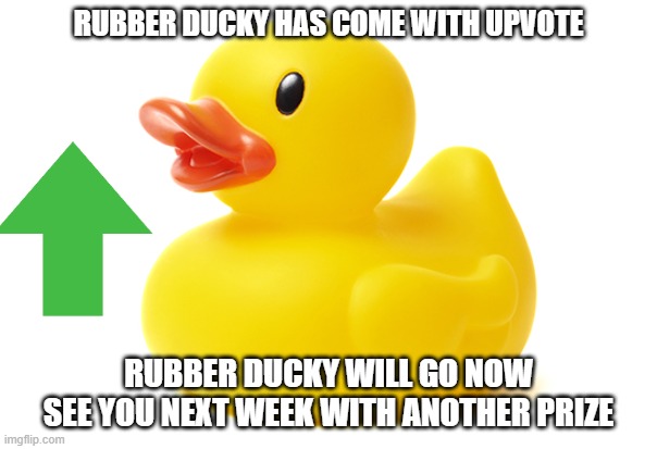 rubber ducky | RUBBER DUCKY HAS COME WITH UPVOTE; RUBBER DUCKY WILL GO NOW SEE YOU NEXT WEEK WITH ANOTHER PRIZE | image tagged in rubber ducky | made w/ Imgflip meme maker