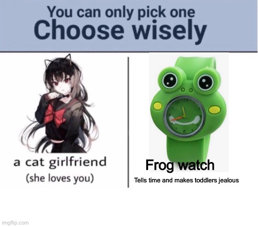 Choose wisely |  Frog watch; Tells time and makes toddlers jealous | image tagged in choose wisely,frog,frog watch,memes,funny,barney will eat all of your delectable biscuits | made w/ Imgflip meme maker