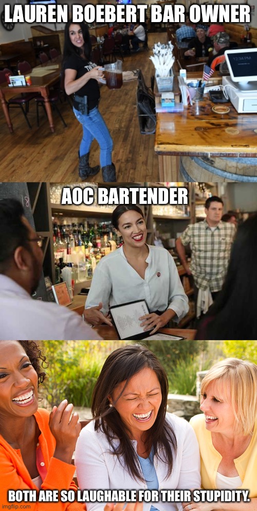 2 members of congress who embarrass themselves and their voters | LAUREN BOEBERT BAR OWNER; AOC BARTENDER; BOTH ARE SO LAUGHABLE FOR THEIR STUPIDITY. | image tagged in crazy aoc,lauren boebert,republicans,democrats,morons | made w/ Imgflip meme maker