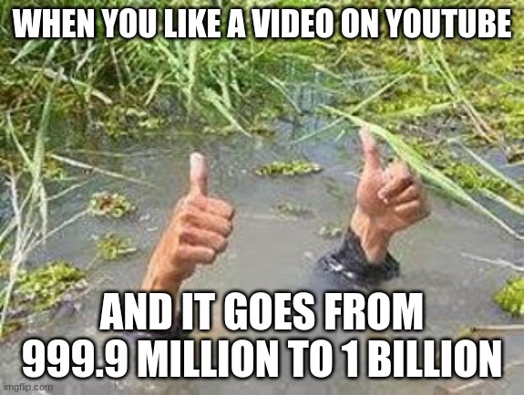 WHEN YOU LIKE A VIDEO ON YOUTUBE AND IT GOES FROM 999.9 MILLION TO 1 BILLION | image tagged in flooding thumbs up | made w/ Imgflip meme maker