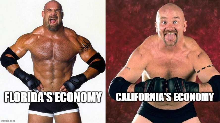 Florida vs California | FLORIDA'S ECONOMY; CALIFORNIA'S ECONOMY | image tagged in goldberg gillberg,memes,florida,california,lets go,brandon | made w/ Imgflip meme maker